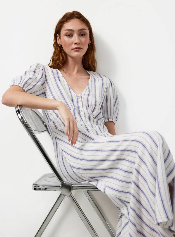 White Stripe Print Linen Blend Midaxi Dress 8